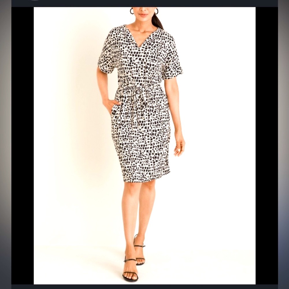 EUC CHICO’S 0 SPLIT NECK TIE WAIST DRESS ANIMAL PRINT
